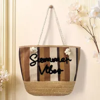 New Tassel Striped Shoulder Bag For Women, Large Capacity, Versatile And Fashionable Straw Beach Bag, Embroidered Letter Tote Bag main image 2