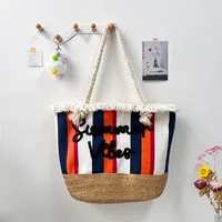 New Tassel Striped Shoulder Bag For Women, Large Capacity, Versatile And Fashionable Straw Beach Bag, Embroidered Letter Tote Bag sku image 4