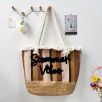 New Tassel Striped Shoulder Bag For Women, Large Capacity, Versatile And Fashionable Straw Beach Bag, Embroidered Letter Tote Bag sku image 5