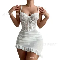 Hot Selling  Sexy Lace Lingerie Suit Steel Ring Gathering Sling Perspective Mesh Dress sku image 13