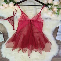 Sexy Lingerie Women's Mesh Deep V Sexy Pure Desire Pajamas Lace Sling Skirt Nightdress sku image 3
