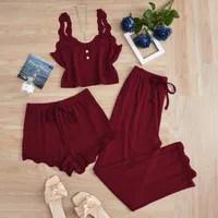 Europe And The United States  Foreign Trade New Lace Lace Pit Vest Trousers Pajamas Women Wear Slim Three-piece Suit sku image 5