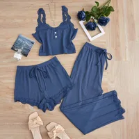 Europe And The United States  Foreign Trade New Lace Lace Pit Vest Trousers Pajamas Women Wear Slim Three-piece Suit sku image 24