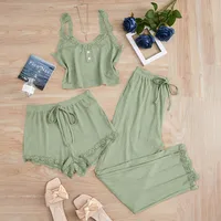 Europe And The United States  Foreign Trade New Lace Lace Pit Vest Trousers Pajamas Women Wear Slim Three-piece Suit sku image 10