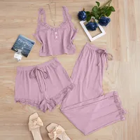 Europe And The United States  Foreign Trade New Lace Lace Pit Vest Trousers Pajamas Women Wear Slim Three-piece Suit sku image 18