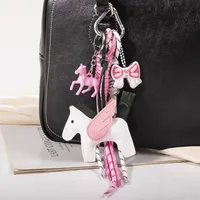 New MIU Cute Leather Pegasus Pendant Pony Bow Woven Rope Keychain Advanced Sense Bag Hanging main image 2