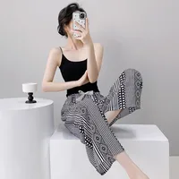 Cotton Silk Pajama Pants Women's Summer Thin Artificial Cotton Wide Leg Pants Spring And Autumn Outer Wear Loose Home Casual Cropped Pants sku image 5