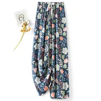 Women's Cotton Silk Pajama Pants Summer Thin Artificial Cotton Wide-leg Pants Spring And Autumn Can Be Worn Outside Loose Home Air Conditioning Cropped Long Pants sku image 15