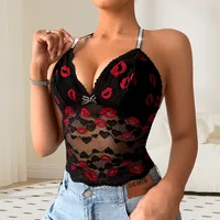 French Style Lace Back Sling Underwear Women's Spring And Summer Thin Deep V Lip Print Inner Base Medium And Long Underwear main image 2