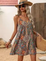 Summer New  Women's Artistic V-neck Sling Dress  Hot Selling Ethnic Style Holiday Dress sku image 3