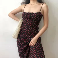 French Niche Retro Girl Summer New Black Wild Rose Floral Slimming Look High Waist Suspender Dress main image 2