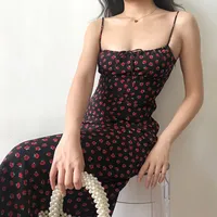 French Niche Retro Girl Summer New Black Wild Rose Floral Slimming Look High Waist Suspender Dress sku image 10