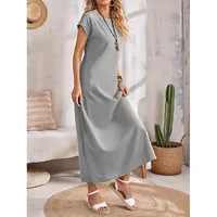 Summer  New Style Simple Style Women's Crewneck Short-sleeved Loose Casual Long Solid Color Dress sku image 3
