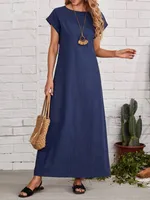 Summer  New Style Simple Style Women's Crewneck Short-sleeved Loose Casual Long Solid Color Dress sku image 1