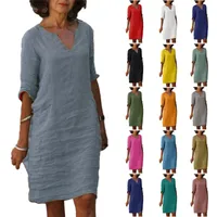 No Pocket    Cotton And Linen Wash Wrinkle V-neck Loose Retro Solid Color Half Sleeve Dress Women main image 1