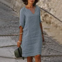 No Pocket    Cotton And Linen Wash Wrinkle V-neck Loose Retro Solid Color Half Sleeve Dress Women main image 2