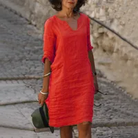 No Pocket    Cotton And Linen Wash Wrinkle V-neck Loose Retro Solid Color Half Sleeve Dress Women main image 3