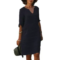 No Pocket    Cotton And Linen Wash Wrinkle V-neck Loose Retro Solid Color Half Sleeve Dress Women main image 5