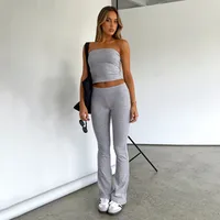 Solid Color Basic Simple Strapless Navel Leaky Top High Waist Slim Fit Straight Trousers Sexy Sports Suit Women main image 2