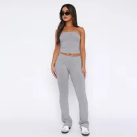 Solid Color Basic Simple Strapless Navel Leaky Top High Waist Slim Fit Straight Trousers Sexy Sports Suit Women main image 4