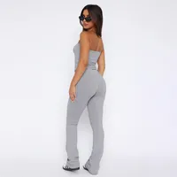 Solid Color Basic Simple Strapless Navel Leaky Top High Waist Slim Fit Straight Trousers Sexy Sports Suit Women main image 5