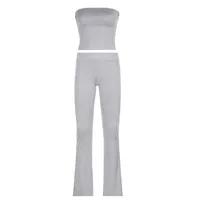 Solid Color Basic Simple Strapless Navel Leaky Top High Waist Slim Fit Straight Trousers Sexy Sports Suit Women sku image 1