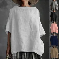 Spot Designed Summer New Top Woven Round Neck  Cotton And Linen Solid Color Loose Women's T-shirt main image 1