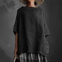 Spot Designed Summer New Top Woven Round Neck  Cotton And Linen Solid Color Loose Women's T-shirt main image 5