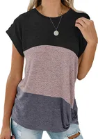 New Women's Casual Bat Sleeve Round Neck Loose Color-matching Kink Top T-shirt sku image 22