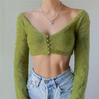 Winter Women's New Sexy Plush V-neck Button Cardigan Super Short Long Sleeve Top main image 1