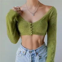 Winter Women's New Sexy Plush V-neck Button Cardigan Super Short Long Sleeve Top main image 2