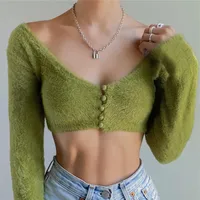 Winter Women's New Sexy Plush V-neck Button Cardigan Super Short Long Sleeve Top main image 3