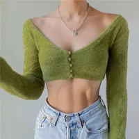 Winter Women's New Sexy Plush V-neck Button Cardigan Super Short Long Sleeve Top main image 4