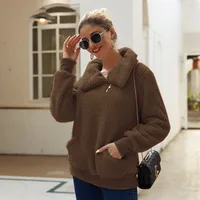 Designed Fall/Winter Lamb Fleece Asymmetric Lapel Pullover Solid Color Thickened Sweater Fleece Top Women main image 4