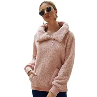 Designed Fall/Winter Lamb Fleece Asymmetric Lapel Pullover Solid Color Thickened Sweater Fleece Top Women main image 5