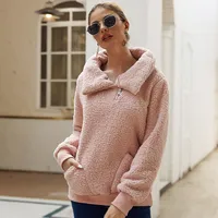 Designed Fall/Winter Lamb Fleece Asymmetric Lapel Pullover Solid Color Thickened Sweater Fleece Top Women sku image 6