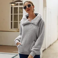 Designed Fall/Winter Lamb Fleece Asymmetric Lapel Pullover Solid Color Thickened Sweater Fleece Top Women sku image 16
