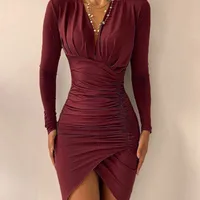 Independent Station Wish  Autumn And Winter Sexy Long-Sleeved V Neck Hip-Covering Printed Dress Women's Clothing 661 sku image 2