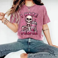 Cute Skeleton Halloween Print Loose Short Sleeve Round Neck T-Shirt Women Casual Comfortable Cotton Polyester Top main image 2