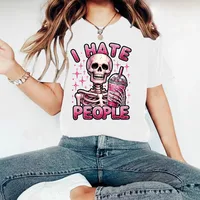 Cute Skeleton Halloween Print Loose Short Sleeve Round Neck T-Shirt Women Casual Comfortable Cotton Polyester Top main image 3