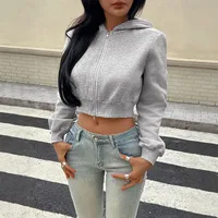 Grey Hoodie Jacket Short Casual Style Women's Fashionable Trendy Zipper Closure Long Sleeve Loose Fit Pure Color Sweatshirt main image 1