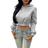 Grey Hoodie Jacket Short Casual Style Women's Fashionable Trendy Zipper Closure Long Sleeve Loose Fit Pure Color Sweatshirt main image 5