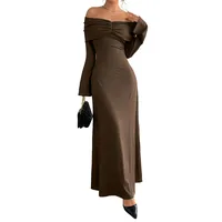 Elegant Brown One-Shoulder Slim Fit Long Dress Women Autumn New Style High Waist Ankle-Length Simple Design Polyester Knitted main image 5