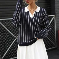 European Style Casual Street Fashion Striped Women's Sweater Turn-down Collar Long Sleeve Loose Fit Comfortable Elastic Velvet sku image 2