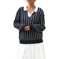 European Style Casual Street Fashion Striped Women's Sweater Turn-down Collar Long Sleeve Loose Fit Comfortable Elastic Velvet main image 5