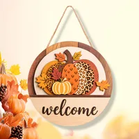 Thanksgiving Wooden Home Decoration Door Plate Round Plate Halloween Wooden Pumpkin Home Wall Decoration Pendant sku image 6