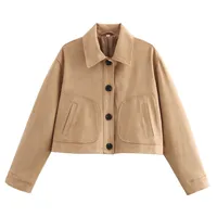 Fashionable Short Leather Jacket Women's Elegant Style With Big Pockets Polyester Fabric Long Sleeve Pure Color Outerwear main image 3