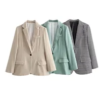Elegant European Women's Single Button Loose Fit Tailored Jacket Pure Color V Neck Long Sleeve Commute Style Fashionable main image 3