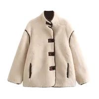 Fashionable Casual Short Plush Lined Leather And Fur Jacket Women's Elegant Long Sleeve Stand Collar Outerwear Single Button sku image 1