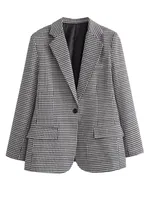 Elegant European Women's Single Button Loose Fit Tailored Jacket Pure Color V Neck Long Sleeve Commute Style Fashionable sku image 9